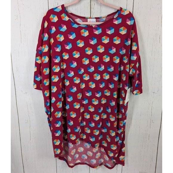 Lularoe Size Large Red Geometric Pattern Short Sleeve‎ Womens Tunic Blouse NWT - Picture 1 of 7